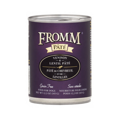 12.2 oz can of Fromm Venison & Lentil Pâté grain-free wet dog food with a purple label