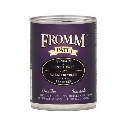 12.2 oz can of Fromm Venison & Lentil Pâté grain-free wet dog food with a purple label