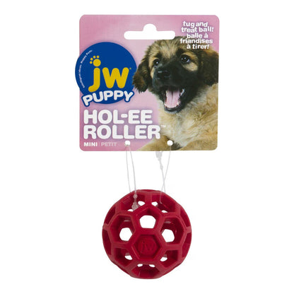 Red JW Puppy Hol-ee Roller mini rubber lattice ball with pink retail hang tag