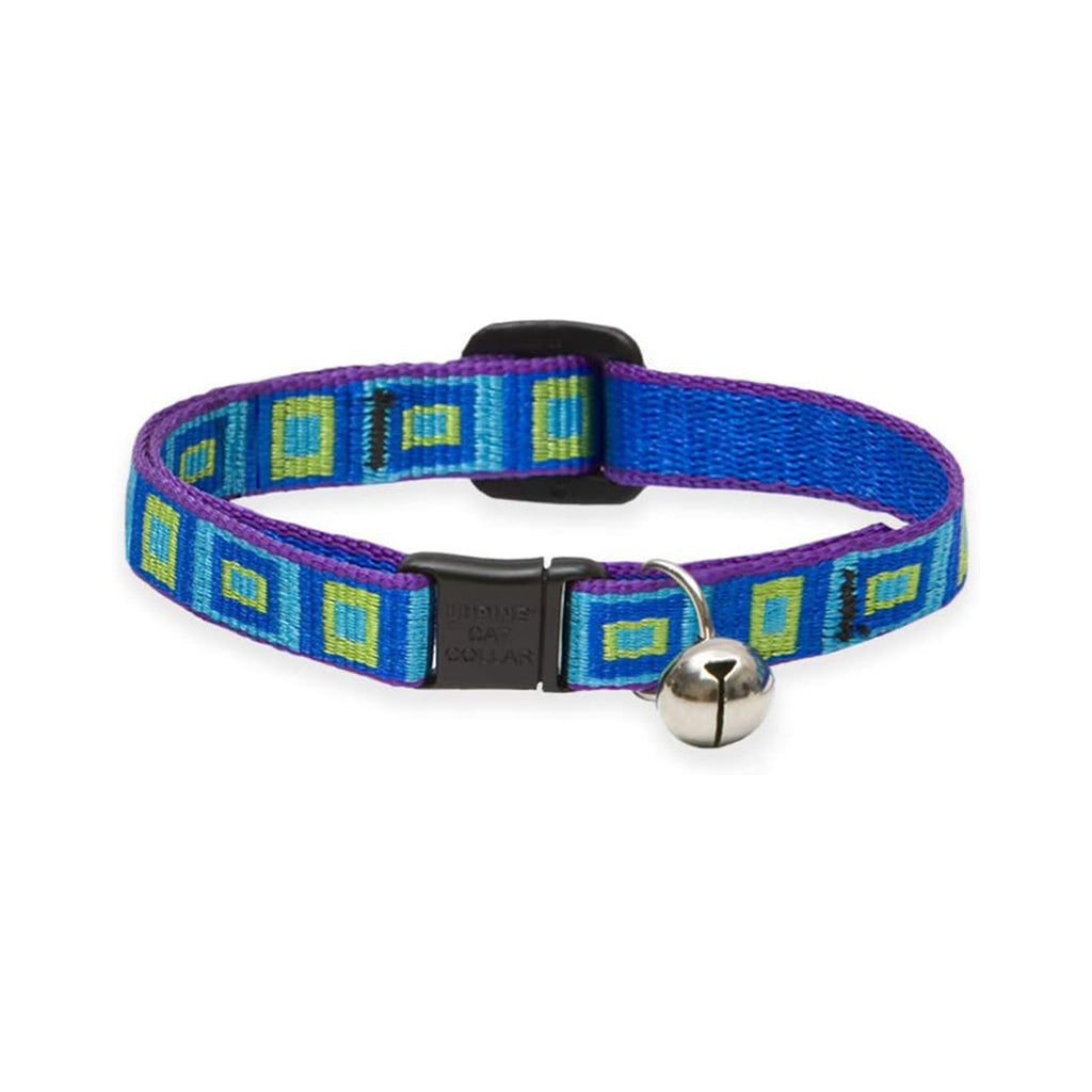 Lupine Pet Sea Glass breakaway cat collar with blue and green squares on purple nylon, a black buckle, and silver bell.