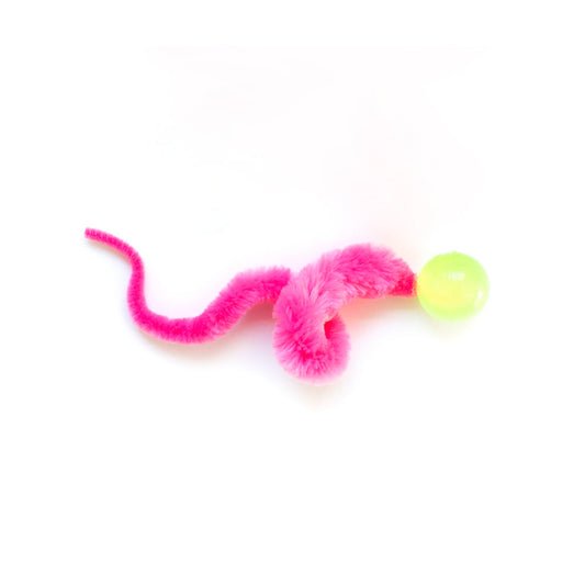 Dezi & Roo Wiggly Glow cat toy shown with a bright green ball and curled pink fuzzy tail.