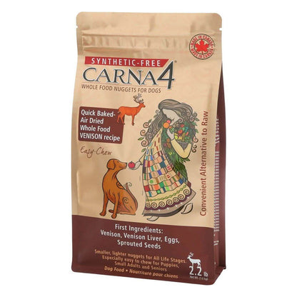 Bag of Carna4 easy chew venison formula for dogs. First ingredients are venison, venison liver, eggs, sprouted seeds