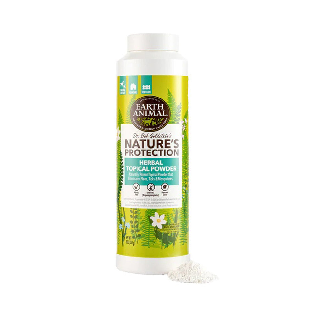 Earth Animal Nature’s Protection Herbal Topical Powder in a white container with a green label, beside a small pile of white powder.