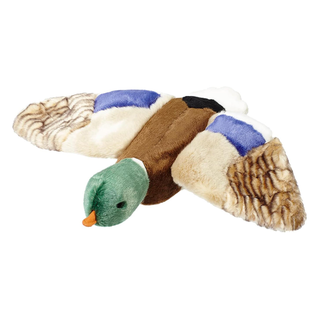 Fluff & Tuff Wally Mallard plush dog toy with a green head, orange bill and outstretched patterned wings with purple patches.