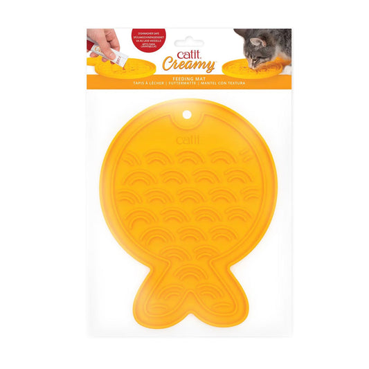Packaged yellow Catit Creamy fish-shaped silicone feeding mat with raised curved ribs and a hanging hole.
