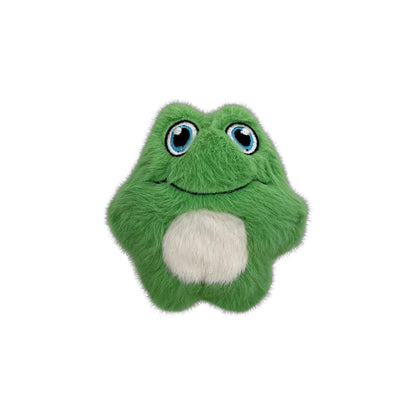 Green KONG Snuzzles Mini Frog plush dog toy with a white belly and embroidered blue eyes.