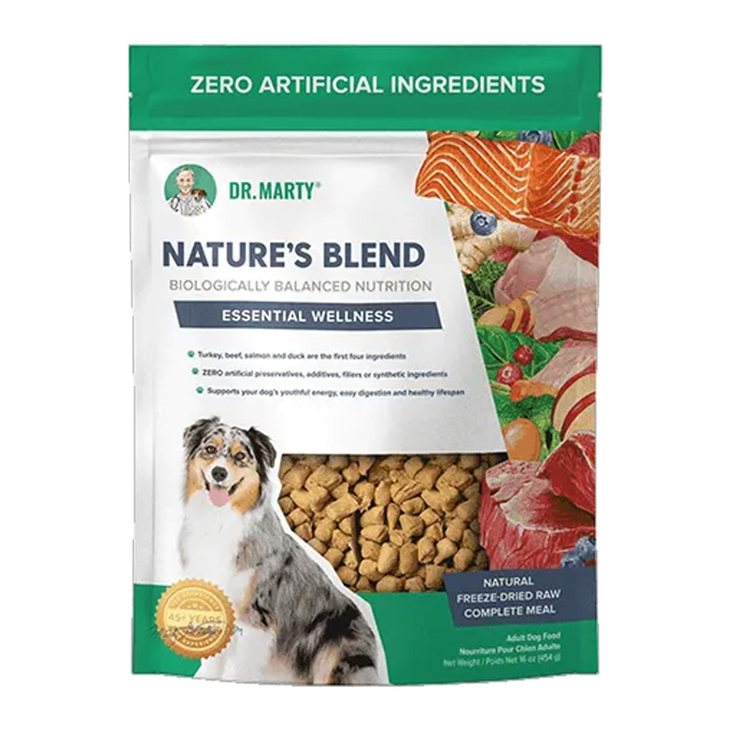 Front of a green and white Dr. Marty Nature’s Blend Essential Wellness freeze-dried raw dog food bag with a dog and food pieces visible through the window.