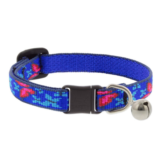 Lupine Pet Social Butterfly cat breakaway collar with a purple butterfly pattern, black buckle, and silver bell.