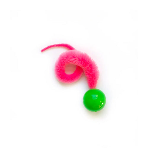Dezi & Roo Wiggly Ping cat toy with a bright green ball and looped pink fuzzy tail.