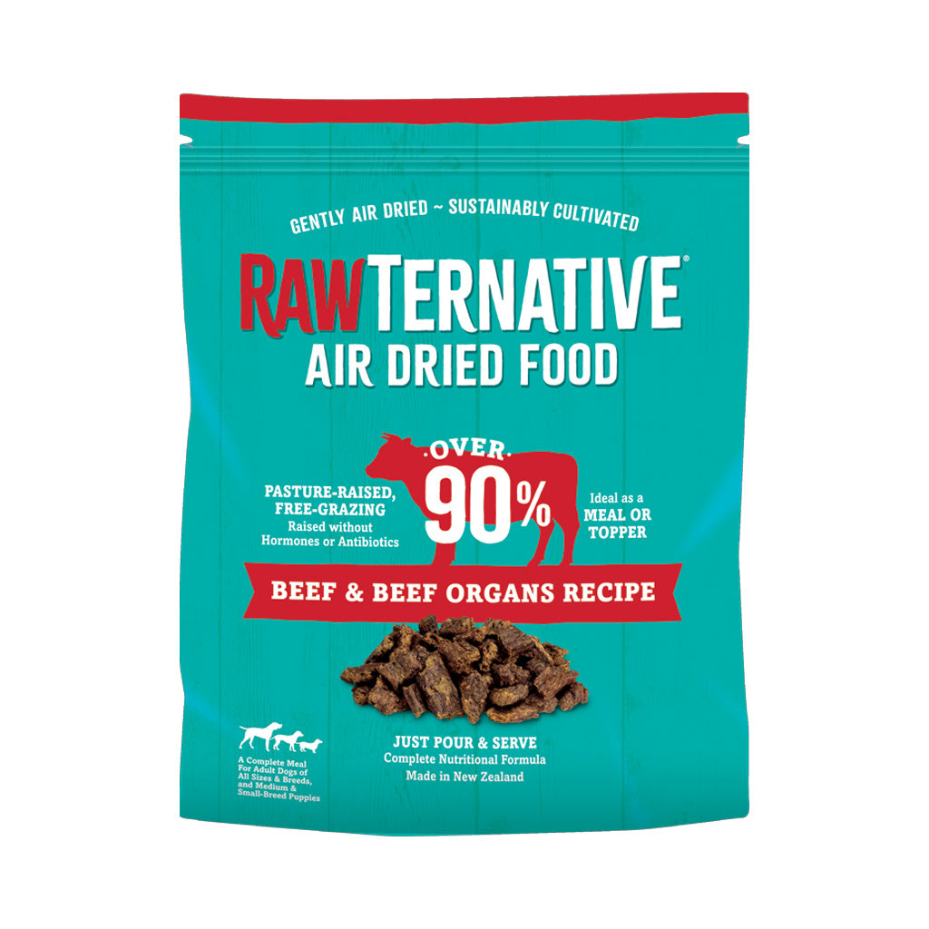 RawTernative Beef & Beef Organs Recipe air-dried dog food bag with a turquoise pouch and red label on a white background.