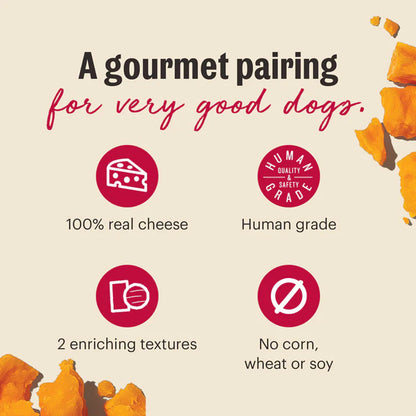 A Gourmet pairing for very good dogs. 100% real cheese. Human grade. 2 enriching textures. no corn, wheat or soy