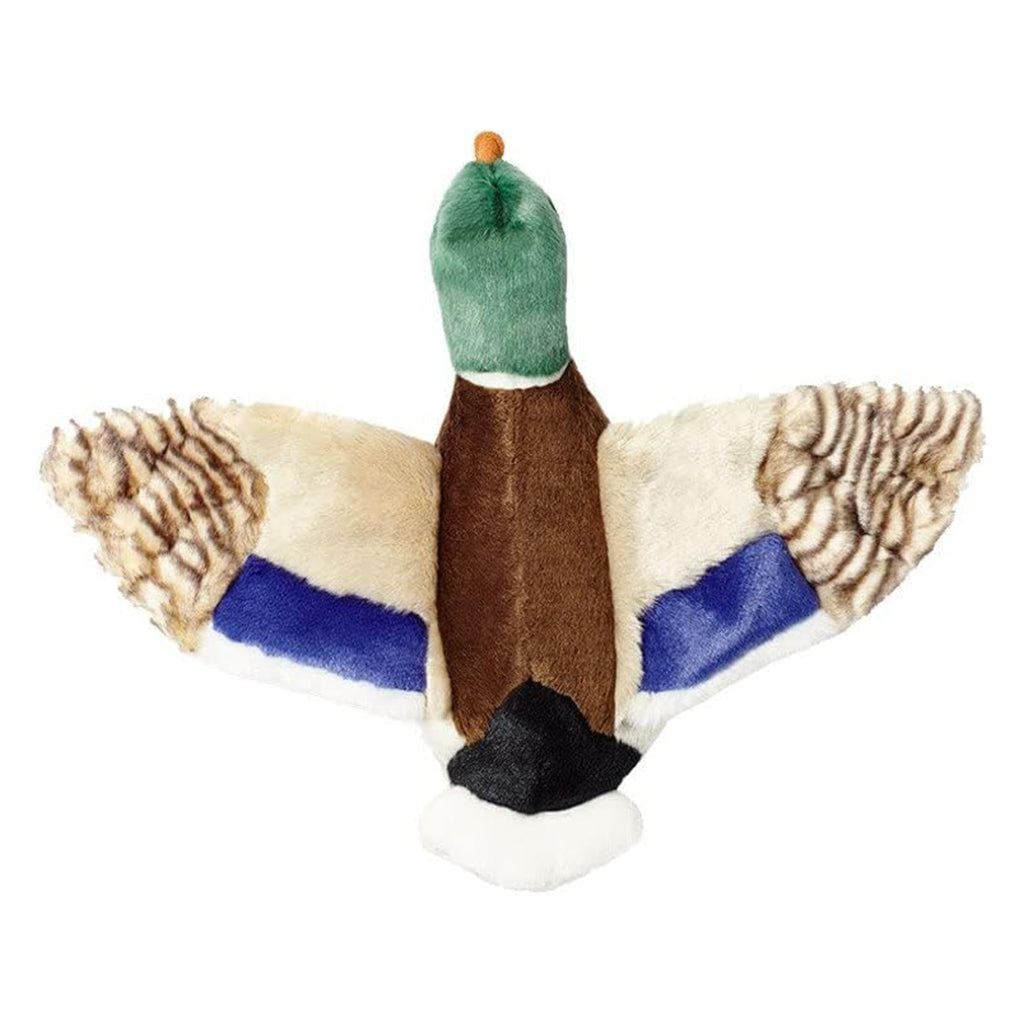 Overhead view of Fluff & Tuff Wally Mallard plush dog toy showing its brown back, spread cream patterned wings and black and white tail.