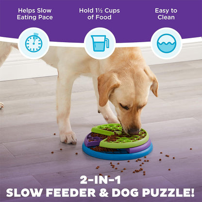 Yellow dog eating from the Lickin’ Layers puzzle; infographic identifies it as a two-in-one slow feeder and dog puzzle that holds 1.5 cups of food.