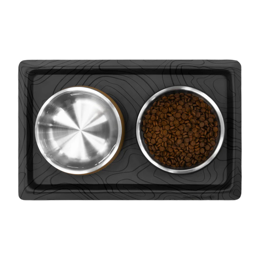 Basecamp Dog Bowl Mat with bowls on top.