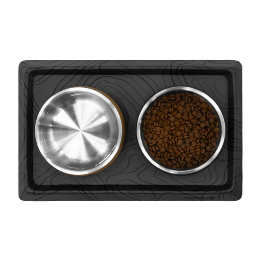 Basecamp Dog Bowl Mat with bowls on top.