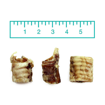 Beef Trachea Bites 3oz measured with a ruler. 