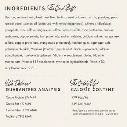 Fromm Venison & Lentil Pâté ingredients, guaranteed analysis and calorie information: 339 kcal per 12.2 oz can