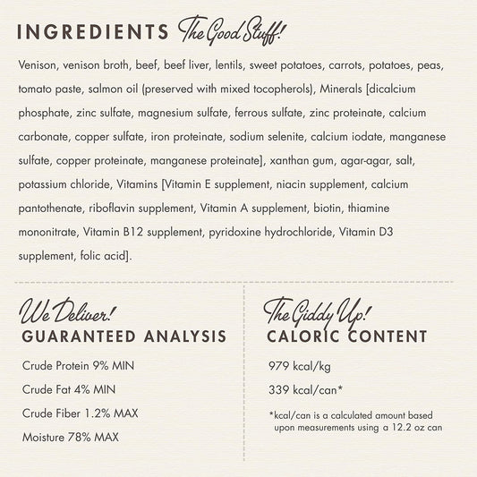 Fromm Venison & Lentil Pâté ingredients, guaranteed analysis and calorie information: 339 kcal per 12.2 oz can