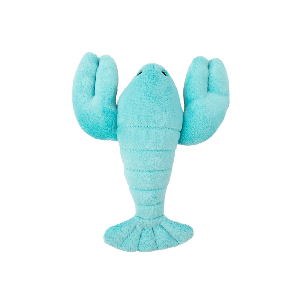 Overhead view of Fluff & Tuff Rachel Mini Lobster plush dog toy showing its turquoise claws, segmented body and fan-shaped tail.