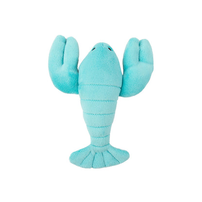 Overhead view of Fluff & Tuff Rachel Mini Lobster plush dog toy showing its turquoise claws, segmented body and fan-shaped tail.