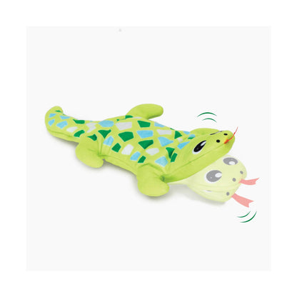 Catit Groovy Gecko toy illustrated with two head positions and motion lines showing its up-and-down head movement.