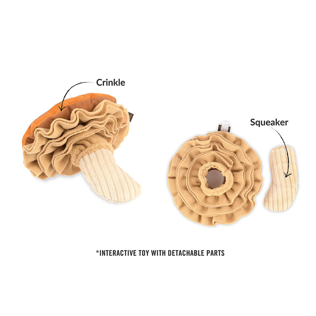 Fun-Guy Mushroom Plush Toy showing Crinkle top, and Squeaker stem