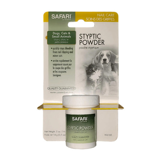Jar of Safari Syptic Powder for dogs, cats and small animals in packaging.