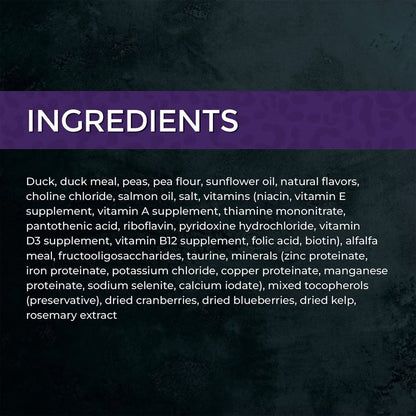 Fussie Cat Market Fresh Duck Recipe ingredient panel listing duck, duck meal, peas, pea flour, sunflower oil and salmon oil