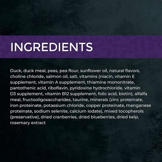Fussie Cat Market Fresh Duck Recipe ingredient panel listing duck, duck meal, peas, pea flour, sunflower oil and salmon oil