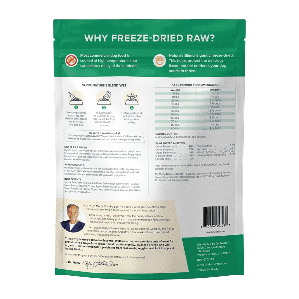 Back of Dr. Marty Nature’s Blend Essential Wellness dog food bag showing preparation instructions, feeding recommendations, ingredients, and guaranteed analysis.