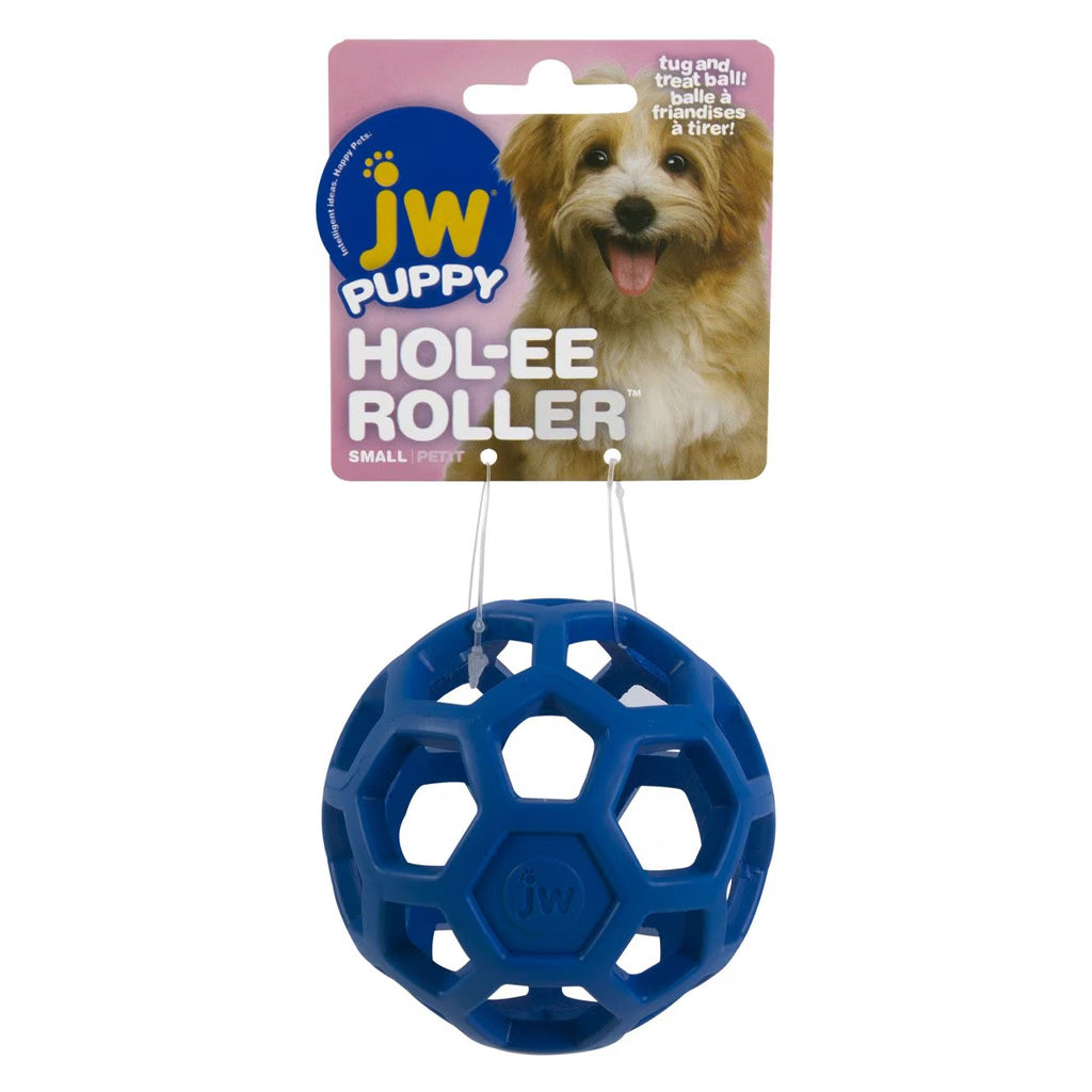 Purple JW Puppy Hol-ee Roller small rubber lattice ball with pink retail hang tag