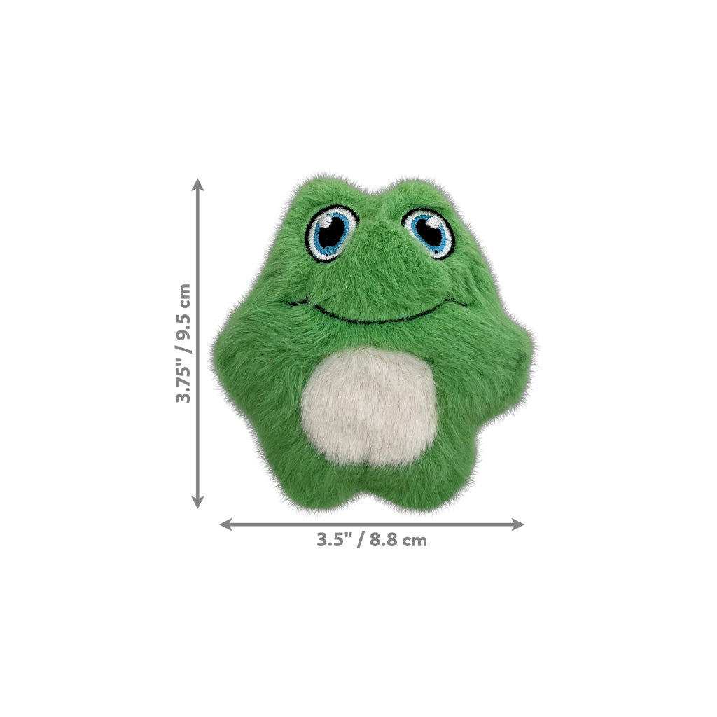KONG Snuzzles Mini Frog size diagram showing a height of 3.75 inches and width of 3.5 inches.