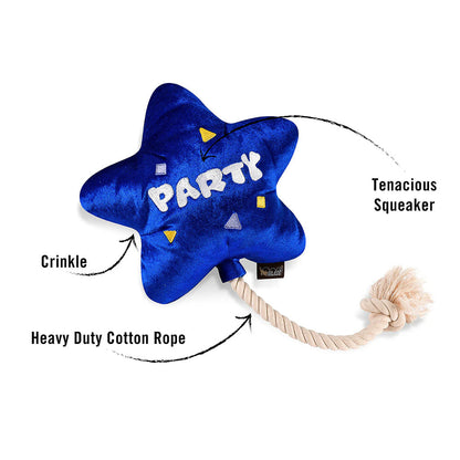 Best Day Ever Balloon Party Plush Toy showing Crinkle, Heavy duty cotton rope, and Tenacious squeaker