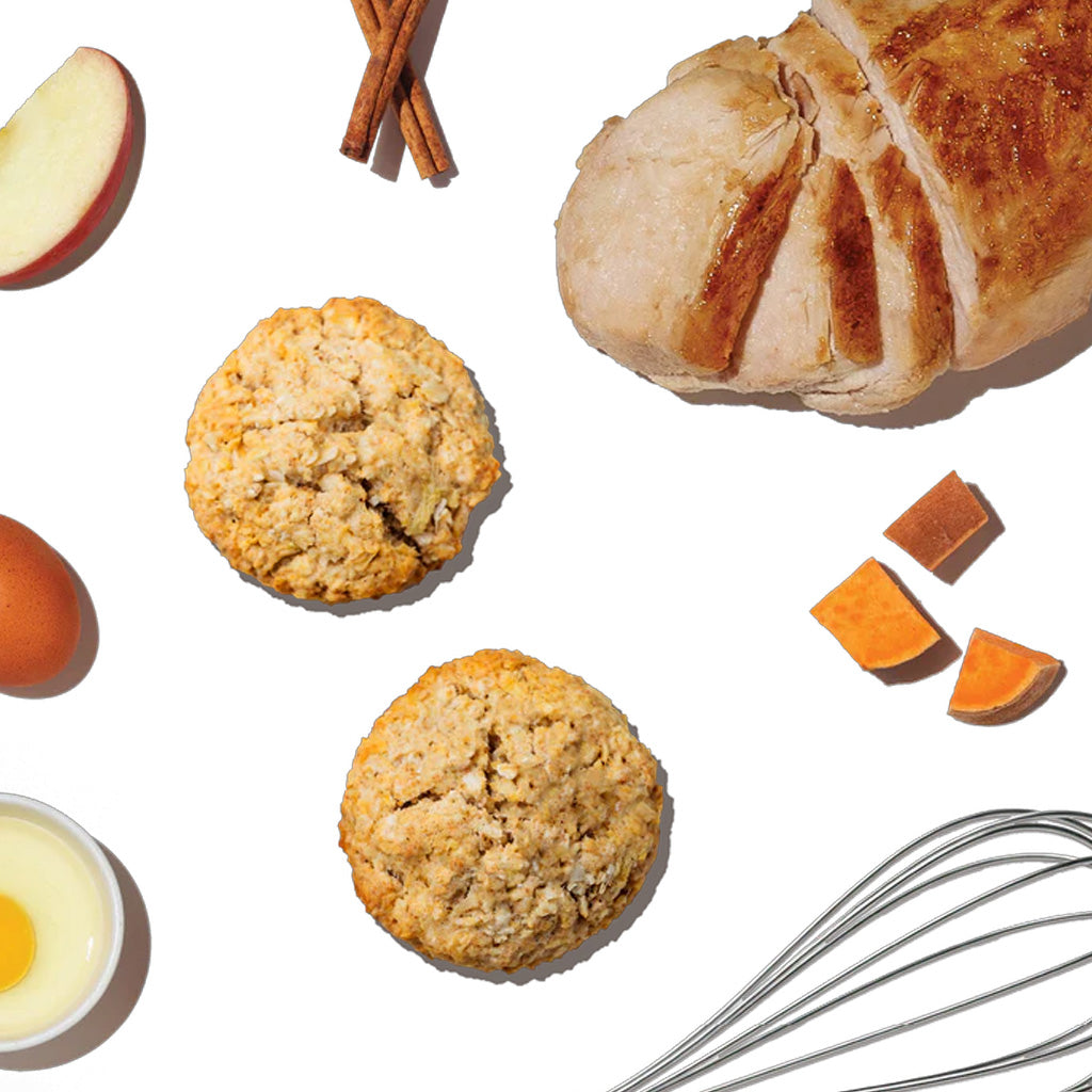 Photo of ingredients used in Muffin Mix including apples, egg, chicken, sweet potato and cinnamon.