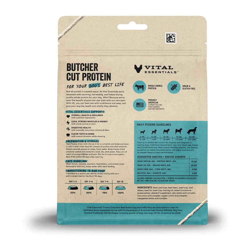 Freeze-Dried Raw Beef Mini Nibs Dog Food back of bag.