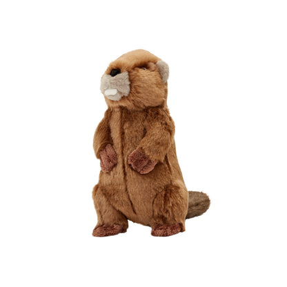 Fluff & Tuff Troy Beaver plush dog toy standing upright with brown fur, pale front teeth and a flat tail extending behind it.
