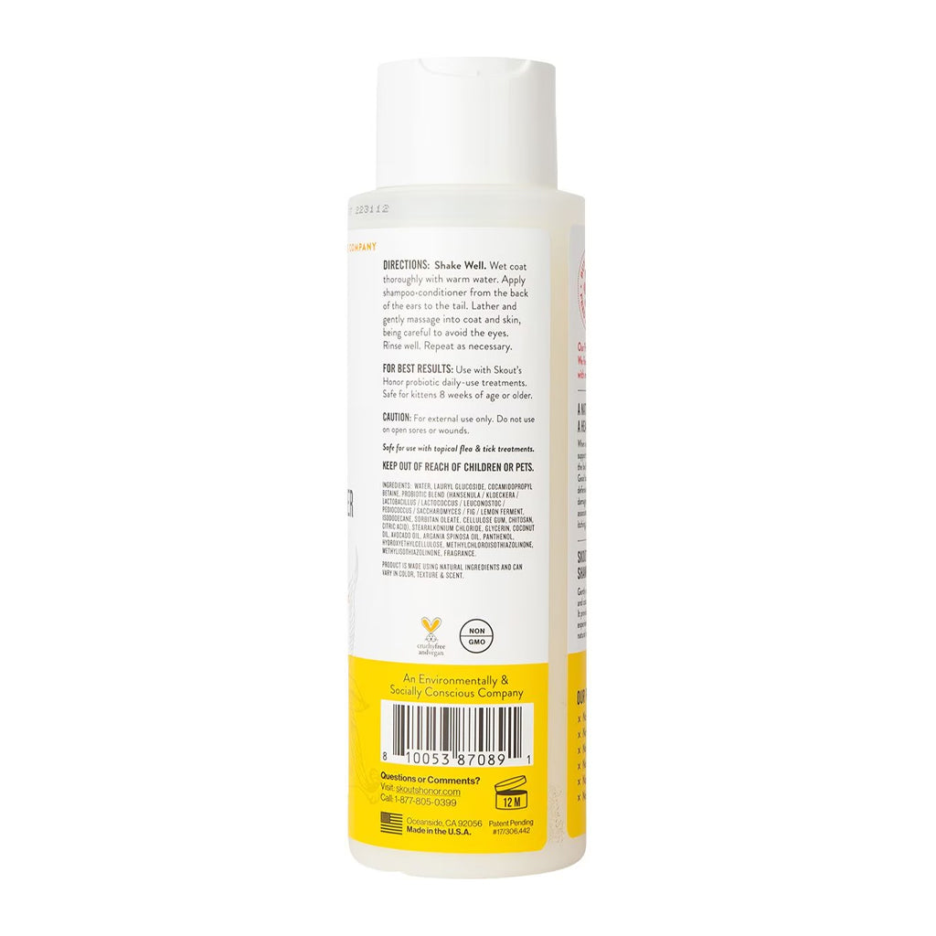 Honeysuckle Probiotic Shampoo + Conditioner for Cats 16oz  back of bottle.