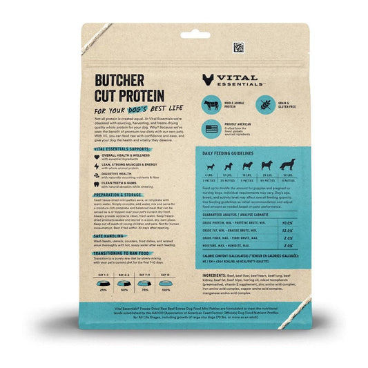 Freeze-Dried Raw Beef Mini Patties Dog Food 14oz back of bag.