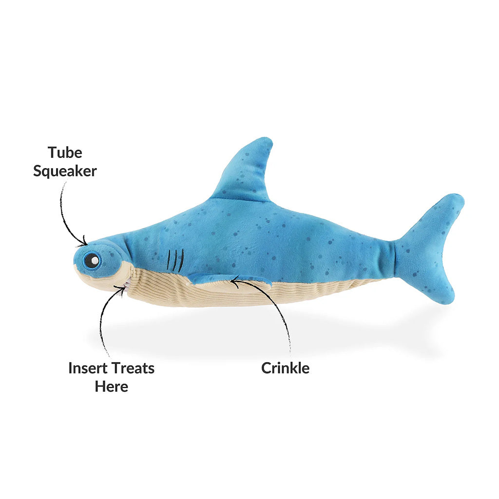 Bonk the Hammerhead Shark Plush Toy showing Tube Squeaker, Insert Treats here in the mouth, and Crinkle in the fins. 
