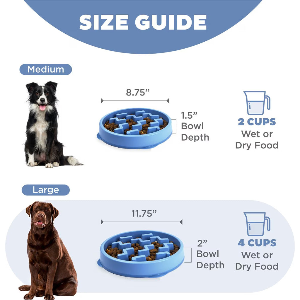Outward Hound blue zigzag Fun Feeder size guide: medium holds 2 cups and measures 8.75 inches wide by 1.5 inches deep; large holds 4 cups and measures 11.75 inches wide by 2 inches deep.