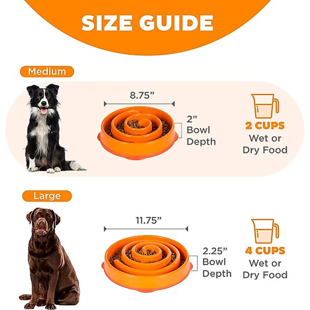 Outward Hound orange swirl Fun Feeder size guide: medium holds 2 cups and measures 8.75 inches wide by 2 inches deep; large holds 4 cups and measures 11.75 inches wide by 2.25 inches deep.