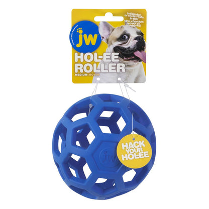 Purple JW Hol-ee Roller medium dog toy with open rubber lattice and retail hang tag