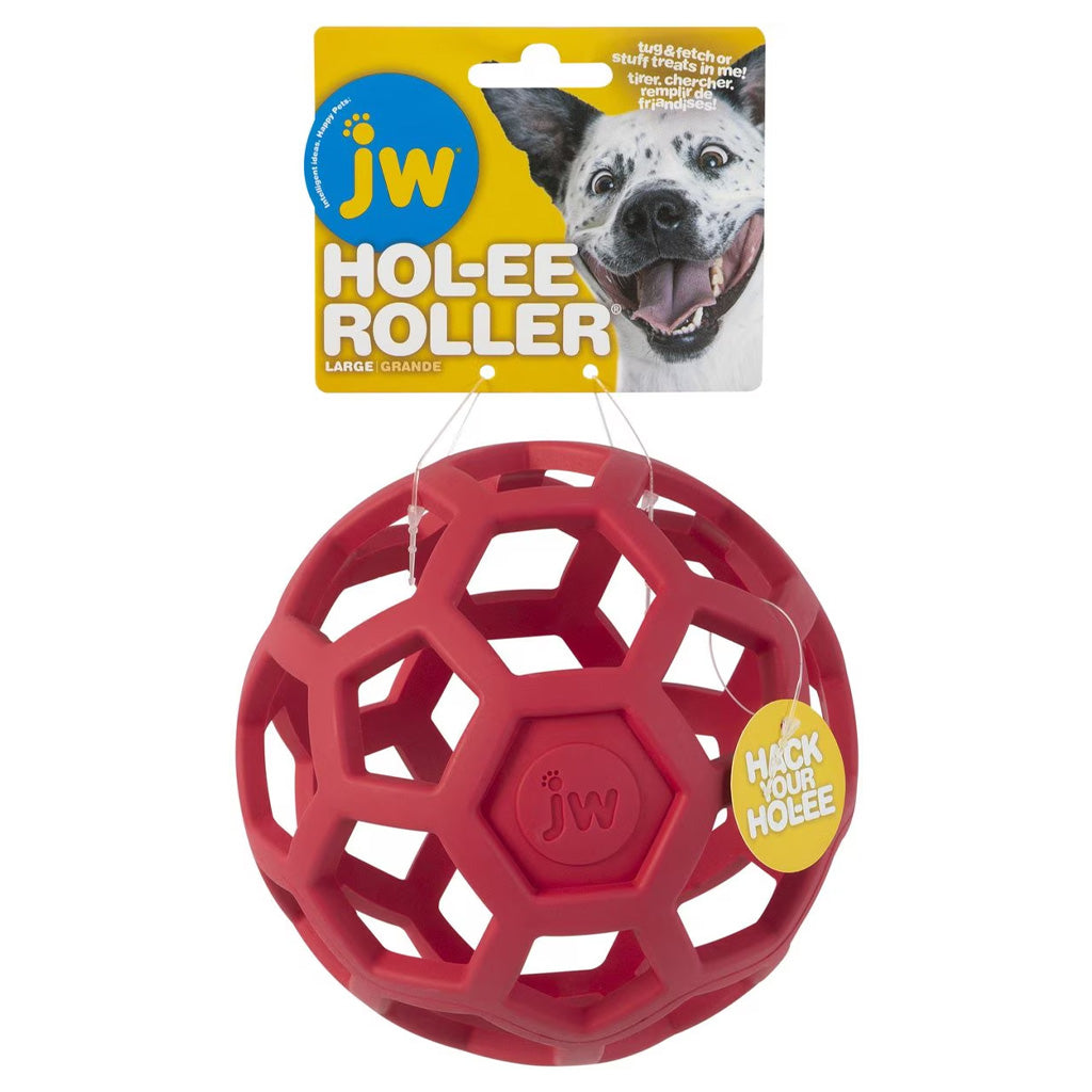 Red JW Hol-ee Roller large rubber lattice dog toy with yellow retail hang tag