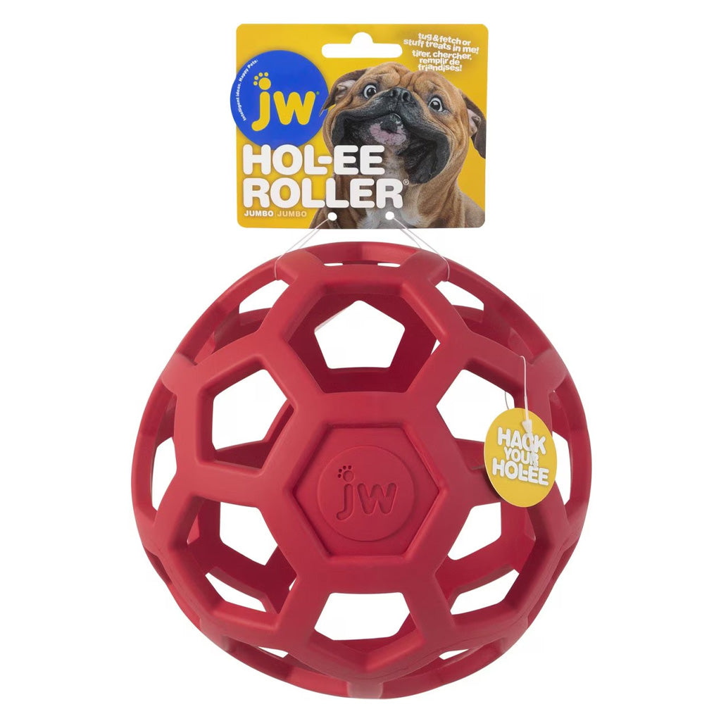 Red JW Hol-ee Roller jumbo rubber lattice dog toy with yellow retail hang tag