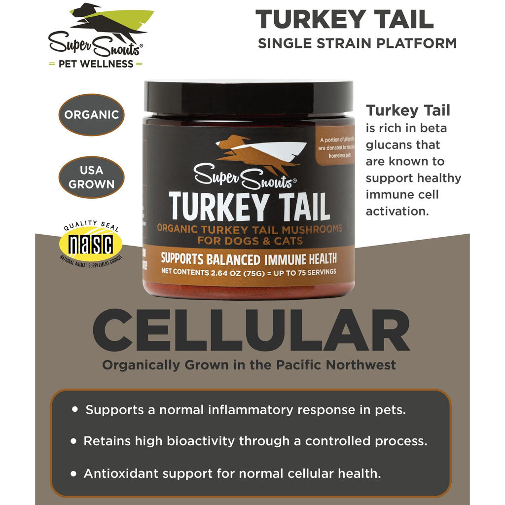Super Snouts Turkey Tail graphic with the supplement jar, organic and USA-grown badges, NASC seal and cellular support information.