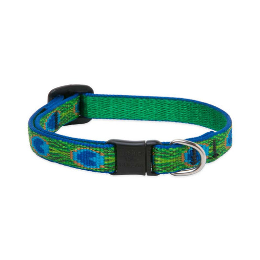 Lupine Pet Tail Feathers breakaway cat collar with a green and blue peacock-feather pattern, black buckle, and metal identification ring.