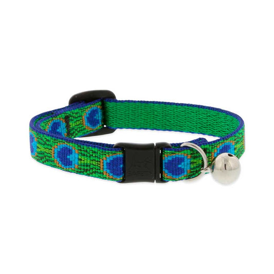 Lupine Pet Tail Feathers breakaway cat collar with a green and blue peacock-feather pattern and silver bell.