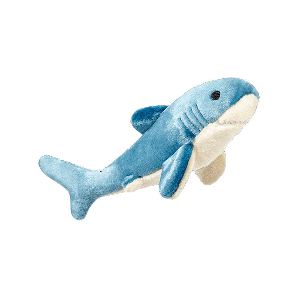 Fluff & Tuff Tank Shark plush dog toy with a blue body, cream belly, fins and embroidered gills on a white background.