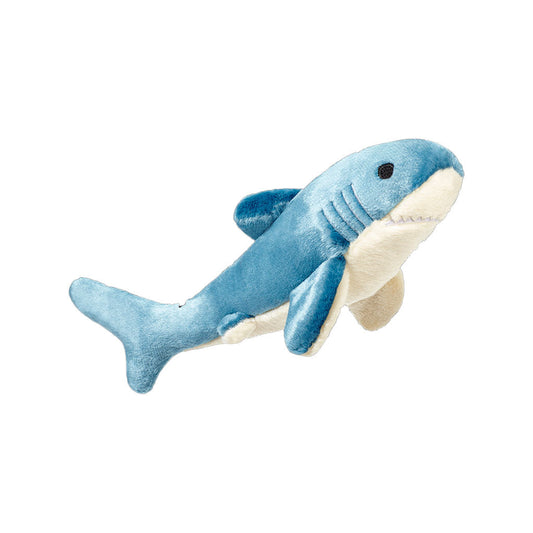 Fluff & Tuff Tank Shark plush dog toy with a blue body, cream belly, fins and embroidered gills on a white background.