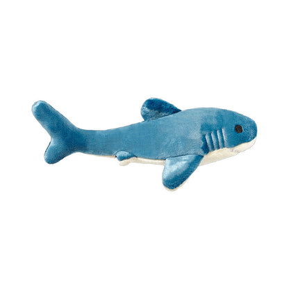 Side profile of the blue Fluff & Tuff Tank Shark plush dog toy showing its dorsal fin, tail and cream underside.